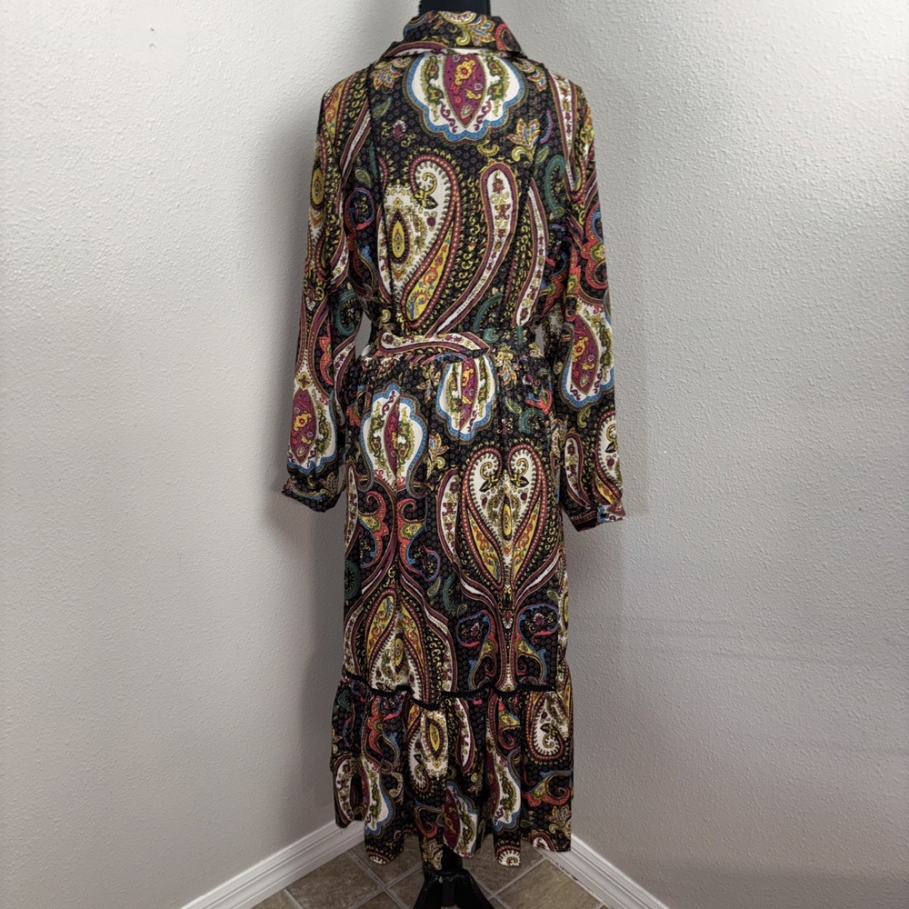 T Tahari Women's Dress Women's 10 Peacock Paisley Button Tiered Cottage Boho New - Picture 2 of 16
